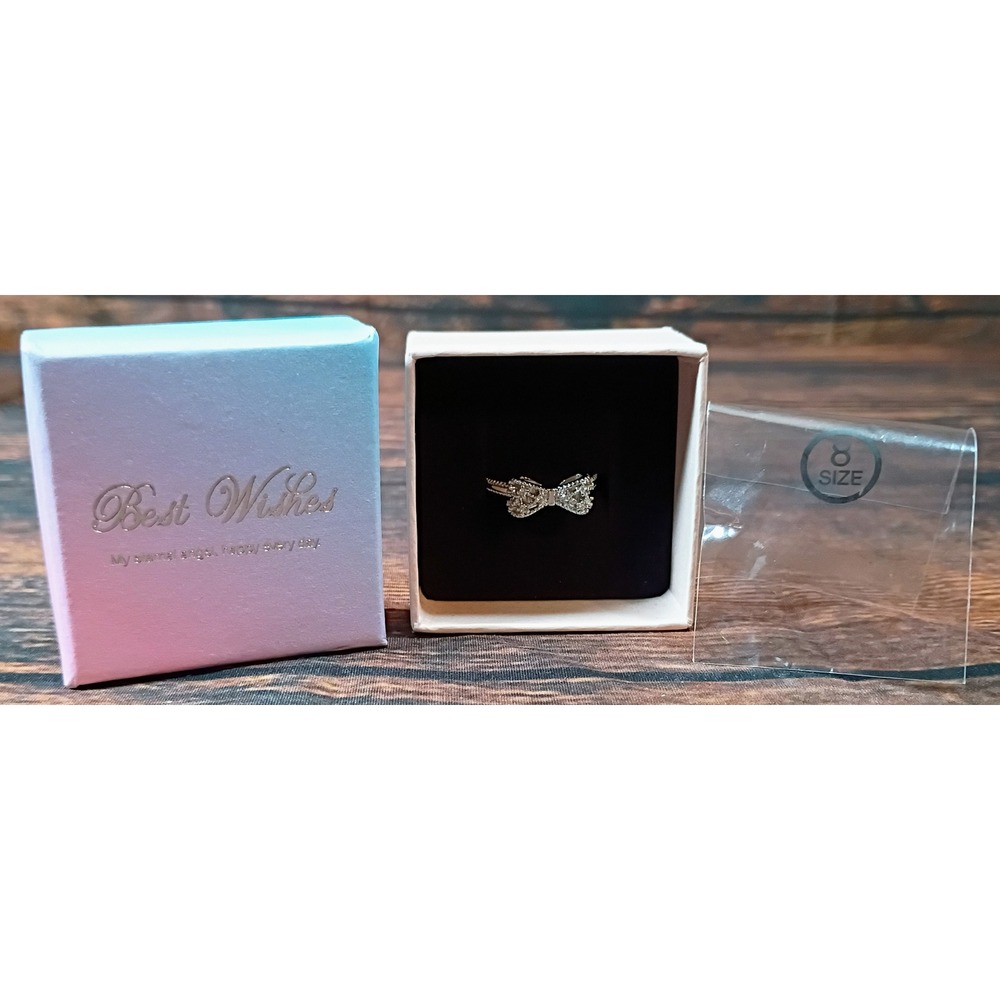 Silver Bow Ring Pave Rhinestone Ribbon Cocktail Band Size 8 with Gift Box